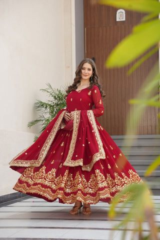 Maroon Luxury Faux Blooming Zari & Sequins Embroidered Designer Gown with Matching Dupatta – Stitched Premium Ensemble ClothsVilla