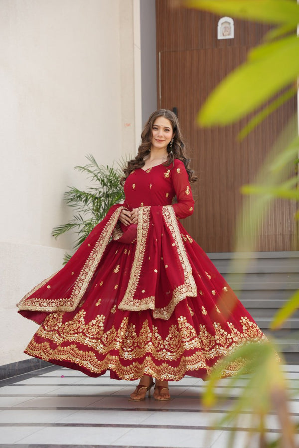 Maroon Luxury Faux Blooming Zari & Sequins Embroidered Designer Gown with Matching Dupatta – Stitched Premium Ensemble ClothsVilla