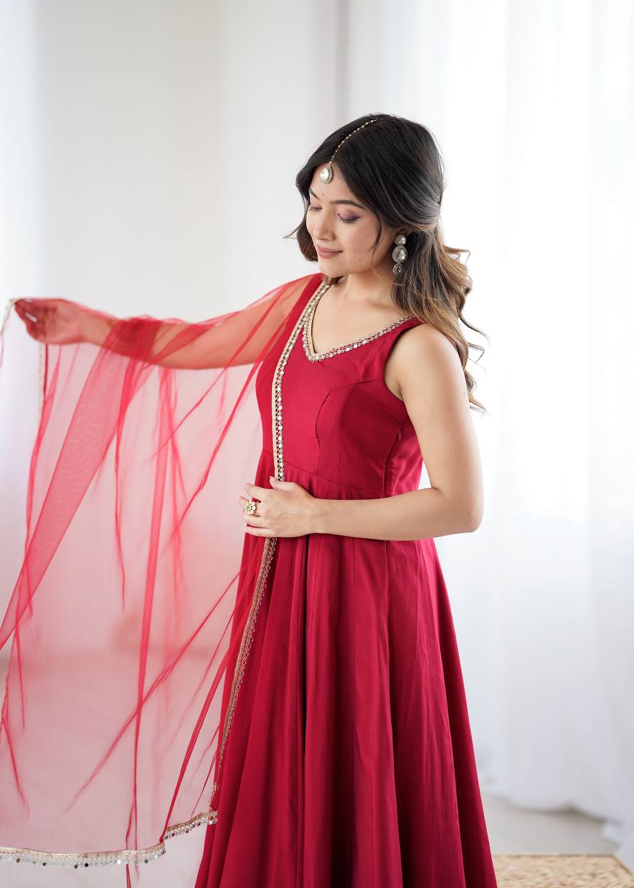 Maroon Luxury Pure Romansilk Chanderi Anarkali Set with Fancy Lace Work & Mirror Border Dupatta – Fully Stitched with Pants ClothsVilla