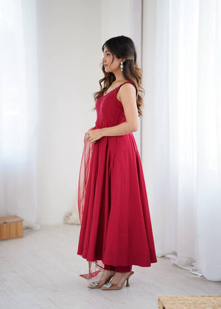 Maroon Luxury Pure Romansilk Chanderi Anarkali Set with Fancy Lace Work & Mirror Border Dupatta – Fully Stitched with Pants ClothsVilla