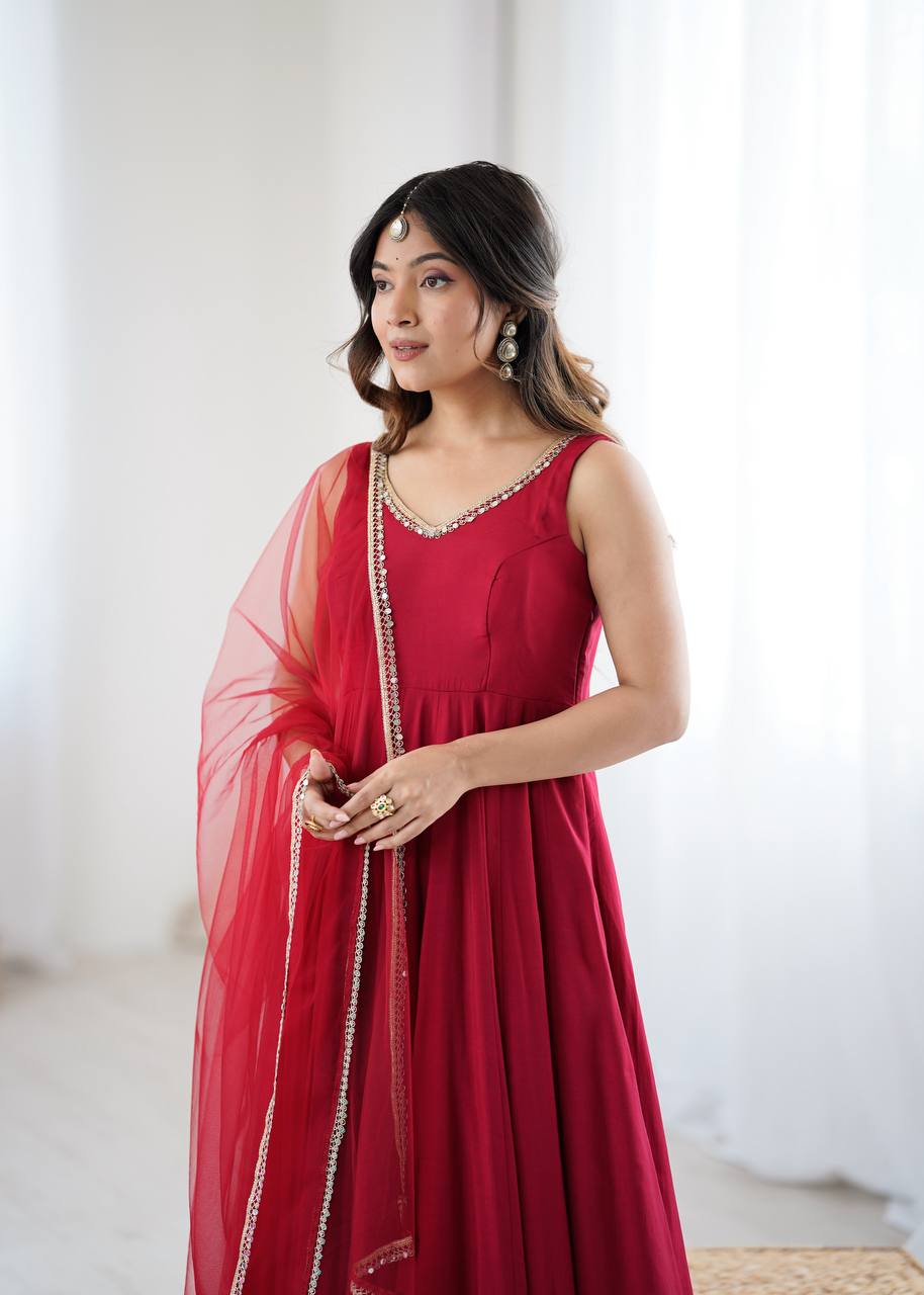 Maroon Luxury Pure Romansilk Chanderi Anarkali Set with Fancy Lace Work & Mirror Border Dupatta – Fully Stitched with Pants ClothsVilla