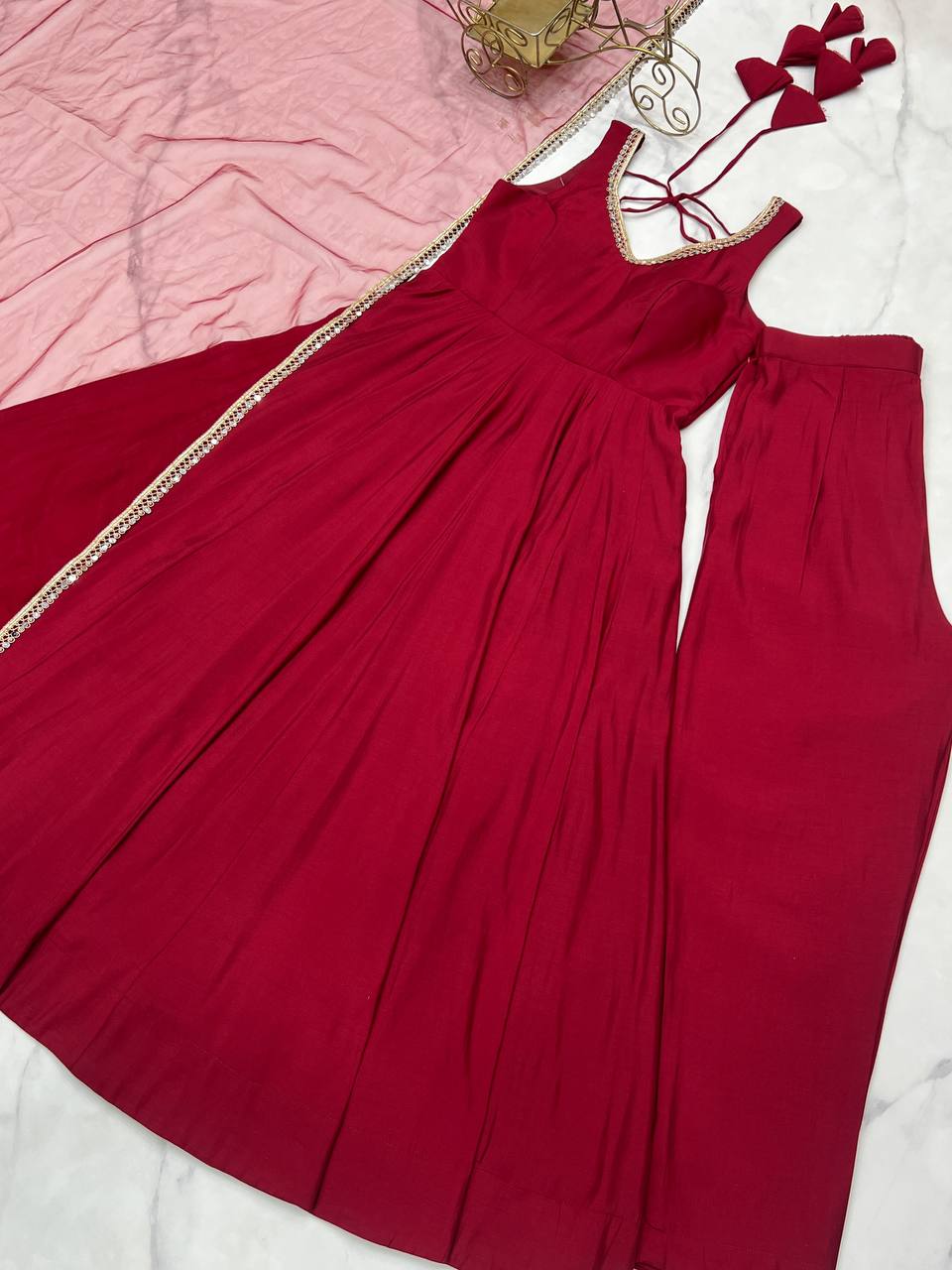 Maroon Luxury Pure Romansilk Chanderi Anarkali Set with Fancy Lace Work & Mirror Border Dupatta – Fully Stitched with Pants ClothsVilla