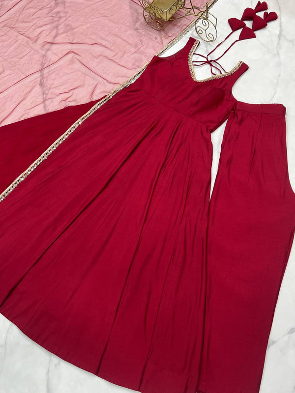 Maroon Luxury Pure Romansilk Chanderi Anarkali Set with Fancy Lace Work & Mirror Border Dupatta – Fully Stitched with Pants ClothsVilla
