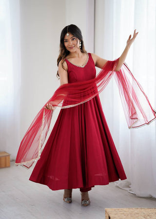 Maroon Luxury Pure Romansilk Chanderi Anarkali Set with Fancy Lace Work & Mirror Border Dupatta – Fully Stitched with Pants ClothsVilla
