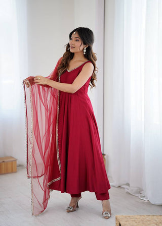 Maroon Luxury Pure Romansilk Chanderi Anarkali Set with Fancy Lace Work & Mirror Border Dupatta – Fully Stitched with Pants ClothsVilla