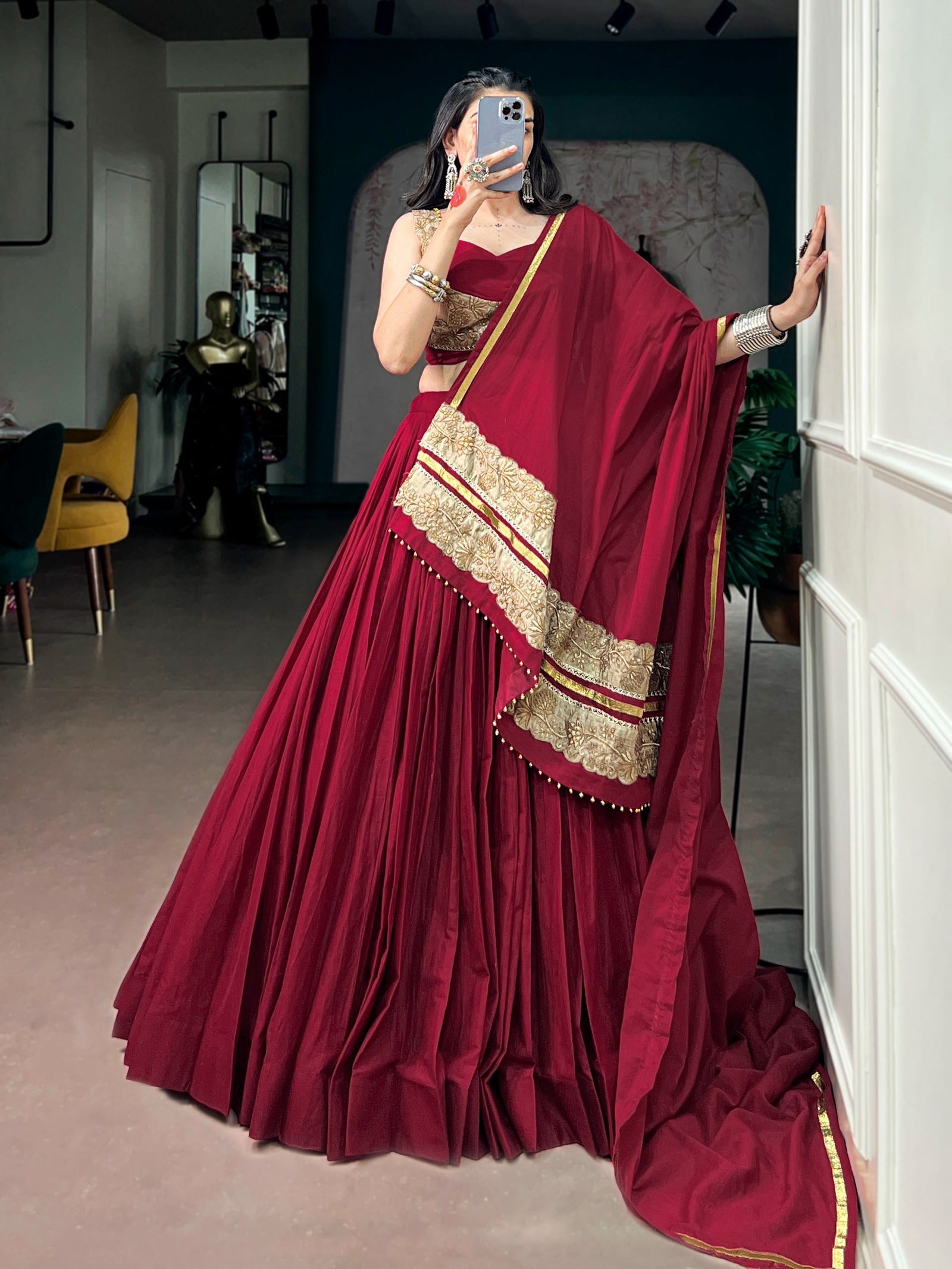 Maroon Mal Cotton Flared Lehenga Choli ClothsVilla