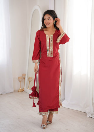 Maroon Mirror Work Kurti Pant Set & Batwa ClothsVilla