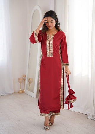 Maroon Mirror Work Kurti Pant Set & Batwa ClothsVilla