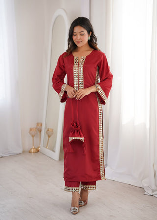Maroon Mirror Work Kurti Pant Set & Batwa ClothsVilla