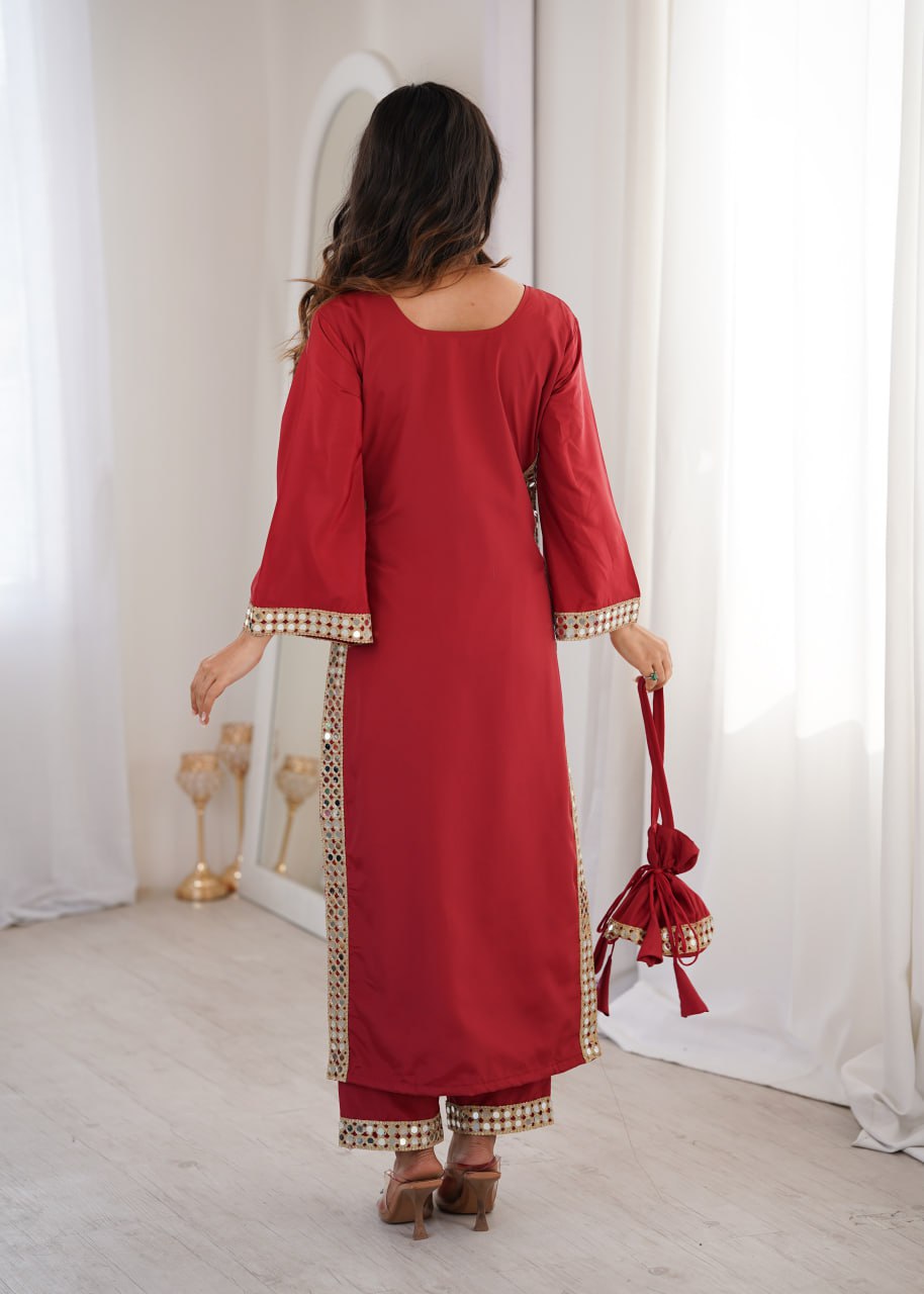 Maroon Mirror Work Kurti Pant Set & Batwa ClothsVilla