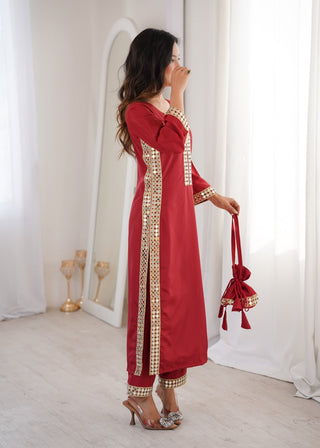 Maroon Mirror Work Kurti Pant Set & Batwa ClothsVilla