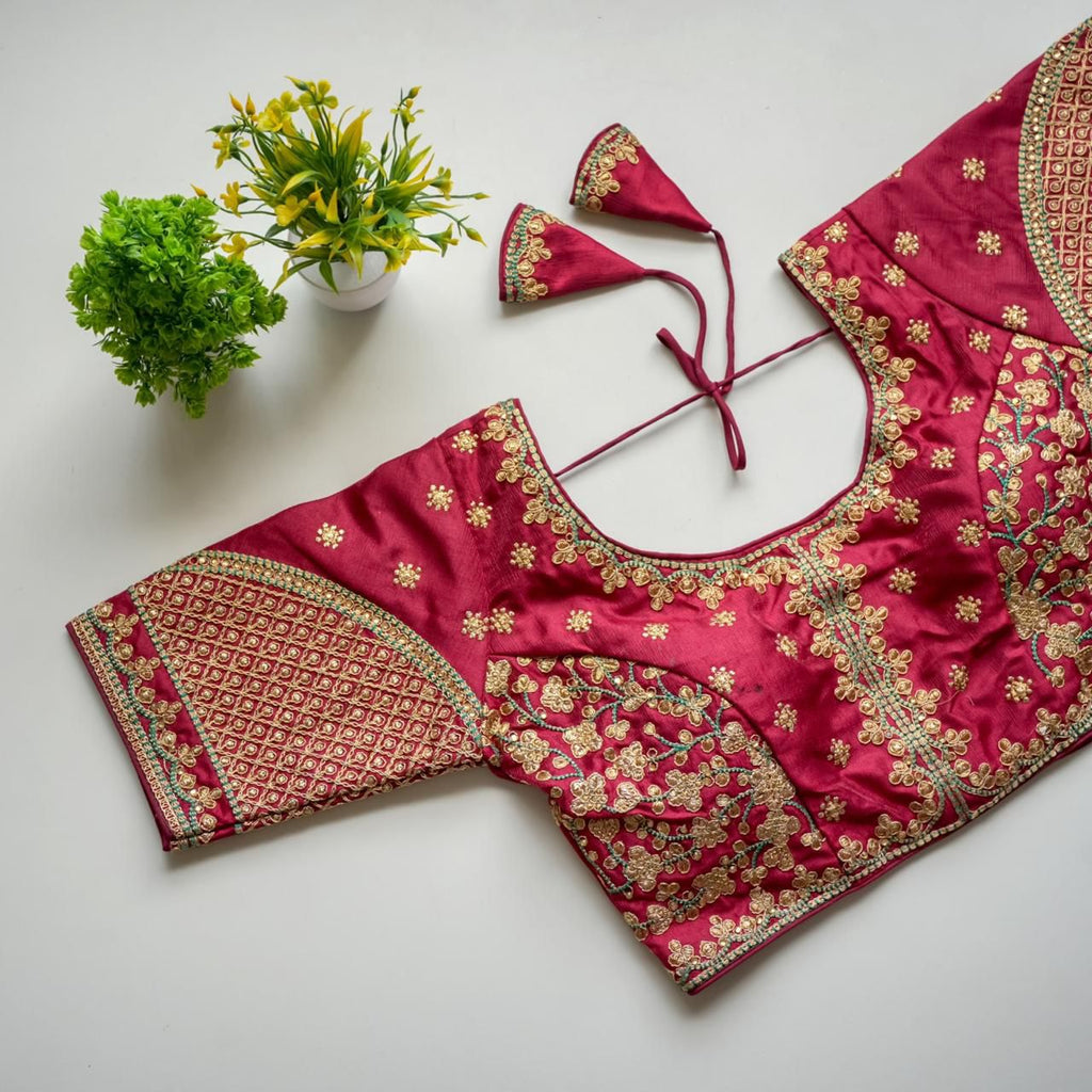 Maroon Mulmul Silk Blouse with Golden Embroidery and Sequins ClothsVilla