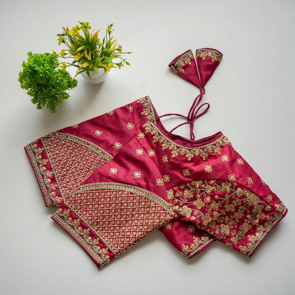 Maroon Mulmul Silk Blouse with Golden Embroidery and Sequins ClothsVilla