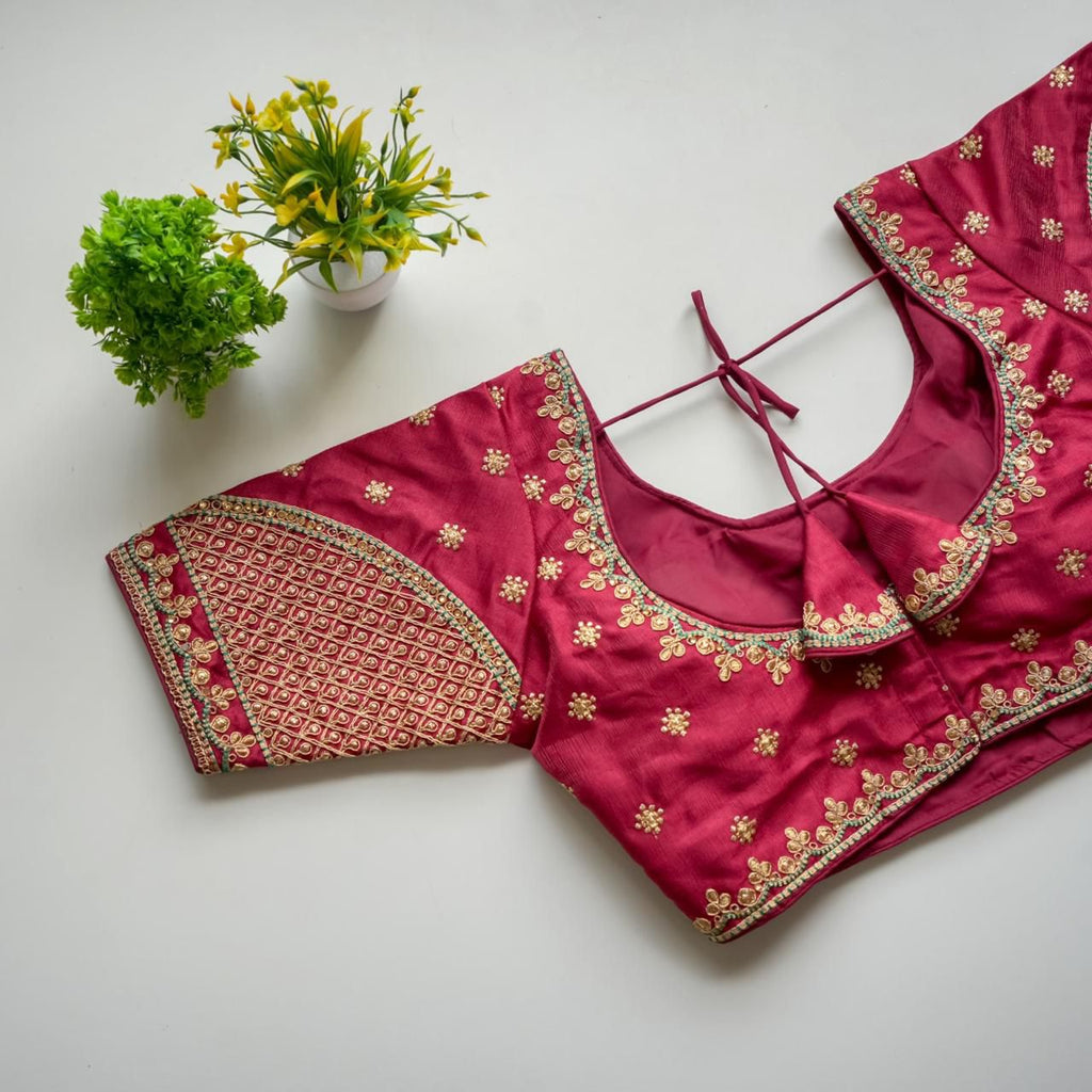 Maroon Mulmul Silk Blouse with Golden Embroidery and Sequins ClothsVilla