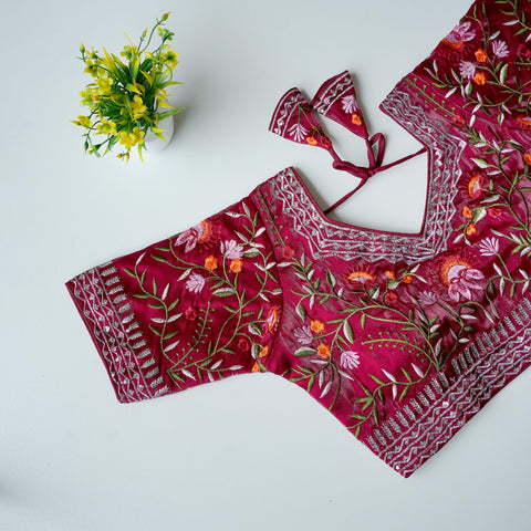 Maroon Multi-Color Embroidered Jimmy Choo Silk Blouse ClothsVilla Main image