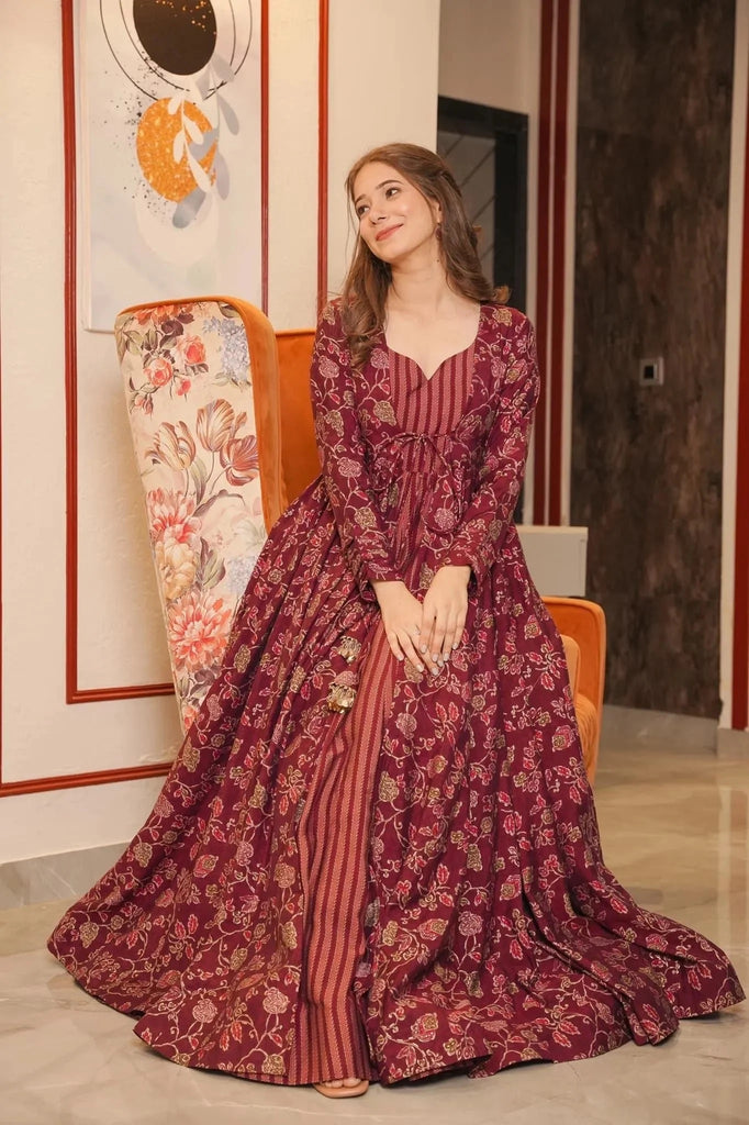 Maroon Muslin Digital Print Suit with Shrug ClothsVilla