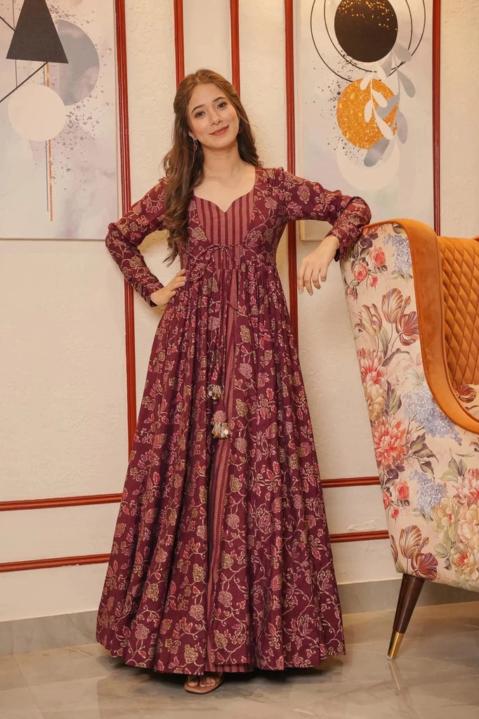 Maroon Muslin Digital Print Suit with Shrug ClothsVilla