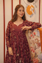 Load image into Gallery viewer, Maroon Muslin Digital Print Suit with Shrug ClothsVilla