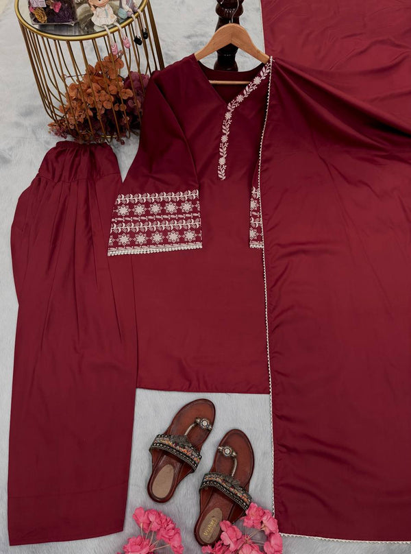Maroon Natural Satin Embroidered Suit Set with Farshi Plazzo & Lace Border Dupatta ClothsVilla