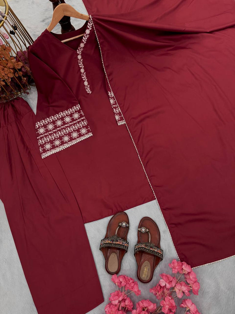 Maroon Natural Satin Embroidered Suit Set with Farshi Plazzo & Lace Border Dupatta ClothsVilla