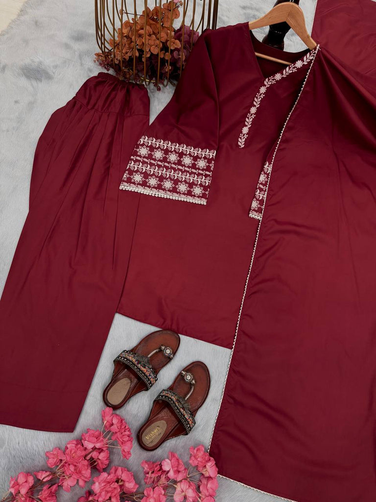 Maroon Natural Satin Embroidered Suit Set with Farshi Plazzo & Lace Border Dupatta ClothsVilla