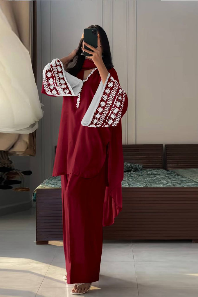 Maroon Natural Satin Embroidered Suit Set with Farshi Plazzo & Lace Border Dupatta ClothsVilla