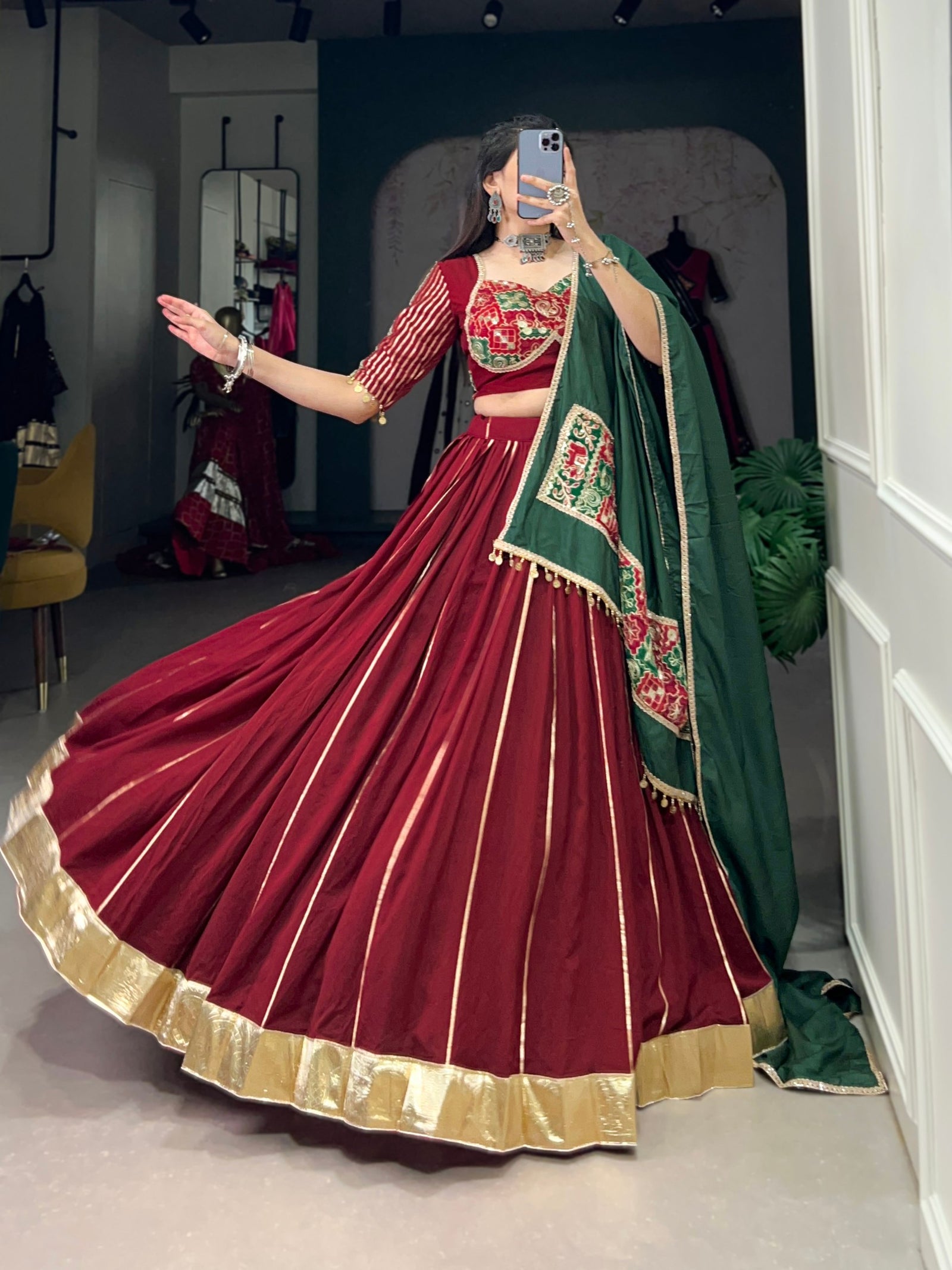 Maroon Navratri Glow Chanderi Lehenga with Zari and Gota Patti Elegance