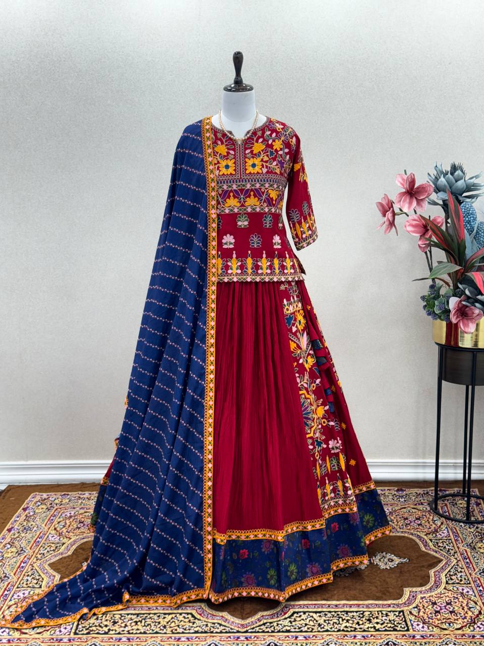 Maroon Navratri Pure Rayon Lehenga Choli Set with Gamthi Embroidery Clothsvilla Main image