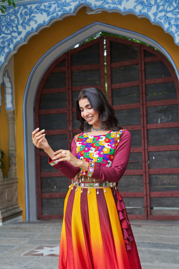 Maroon Navratri Special Chinnon Pedding Lehenga Choli with Kutchi Gamthi Embroidery ClothsVilla