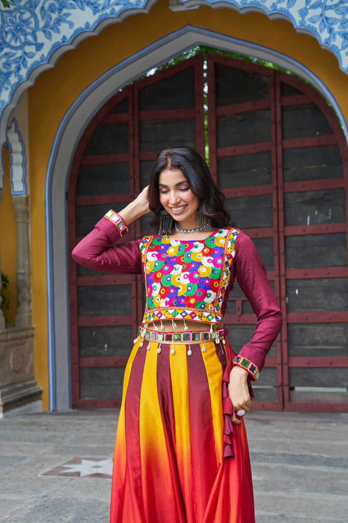 Maroon Navratri Special Chinnon Pedding Lehenga Choli with Kutchi Gamthi Embroidery ClothsVilla