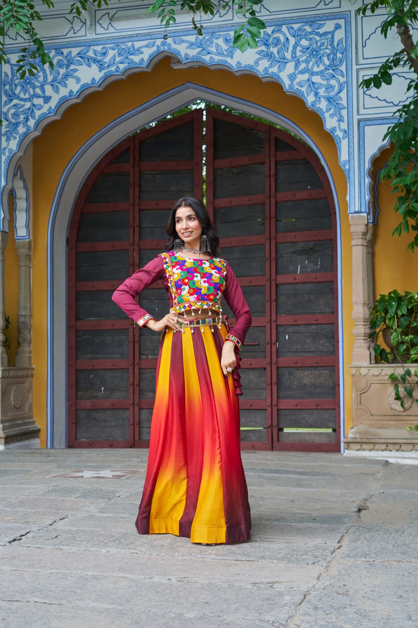 Maroon Navratri Special Chinnon Pedding Lehenga Choli with Kutchi Gamthi Embroidery ClothsVilla