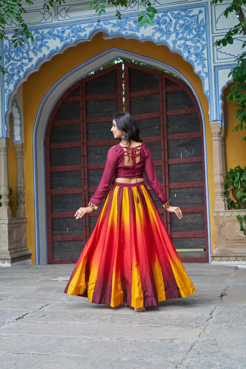 Maroon Navratri Special Chinnon Pedding Lehenga Choli with Kutchi Gamthi Embroidery ClothsVilla