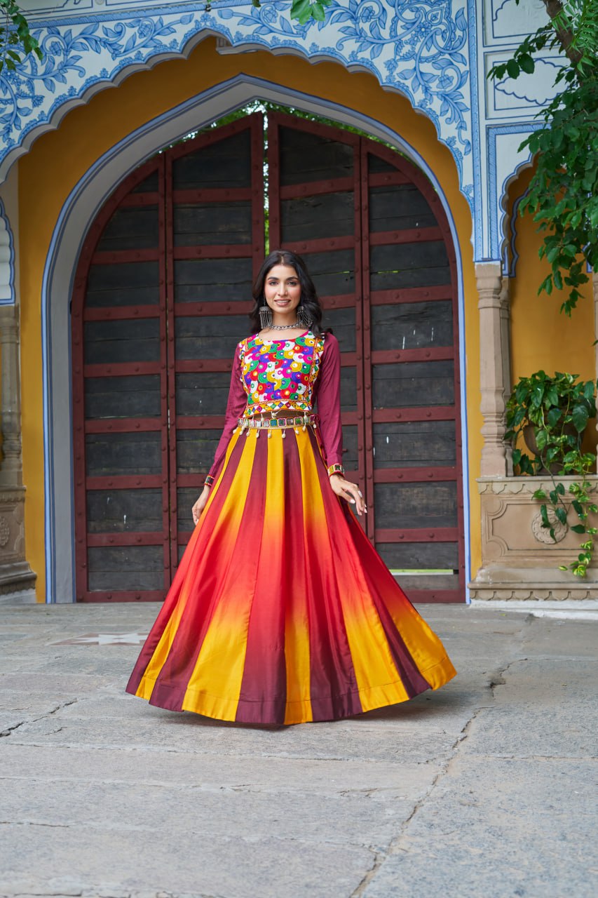 Maroon Navratri Special Chinnon Pedding Lehenga Choli with Kutchi Gamthi Embroidery ClothsVilla