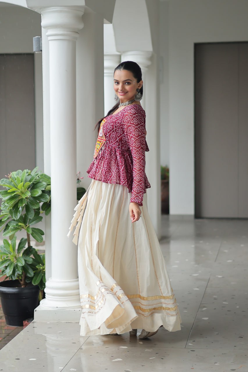 Maroon Navratri Special Cotton Lehenga Choli Set with Gota Patti Lace & Bandhani Gamthi Work – Full Stitched ClothsVilla