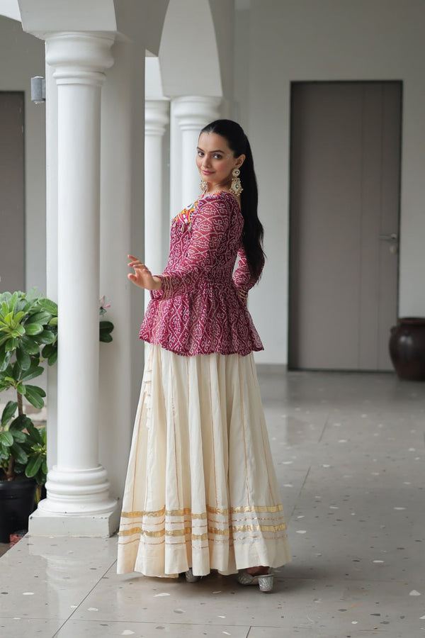 Maroon Navratri Special Cotton Lehenga Choli Set with Gota Patti Lace & Bandhani Gamthi Work – Full Stitched ClothsVilla