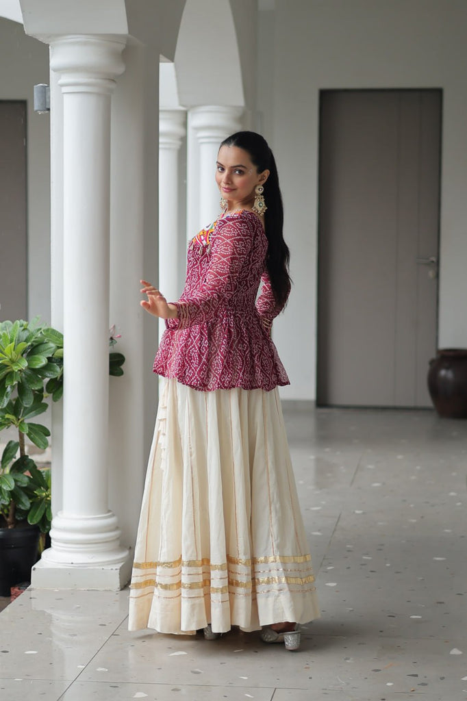 Maroon Navratri Special Cotton Lehenga Choli Set with Gota Patti Lace & Bandhani Gamthi Work – Full Stitched ClothsVilla