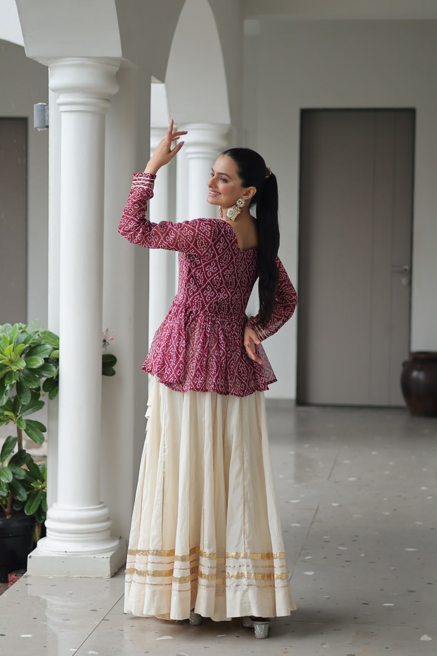 Maroon Navratri Special Cotton Lehenga Choli Set with Gota Patti Lace & Bandhani Gamthi Work – Full Stitched ClothsVilla
