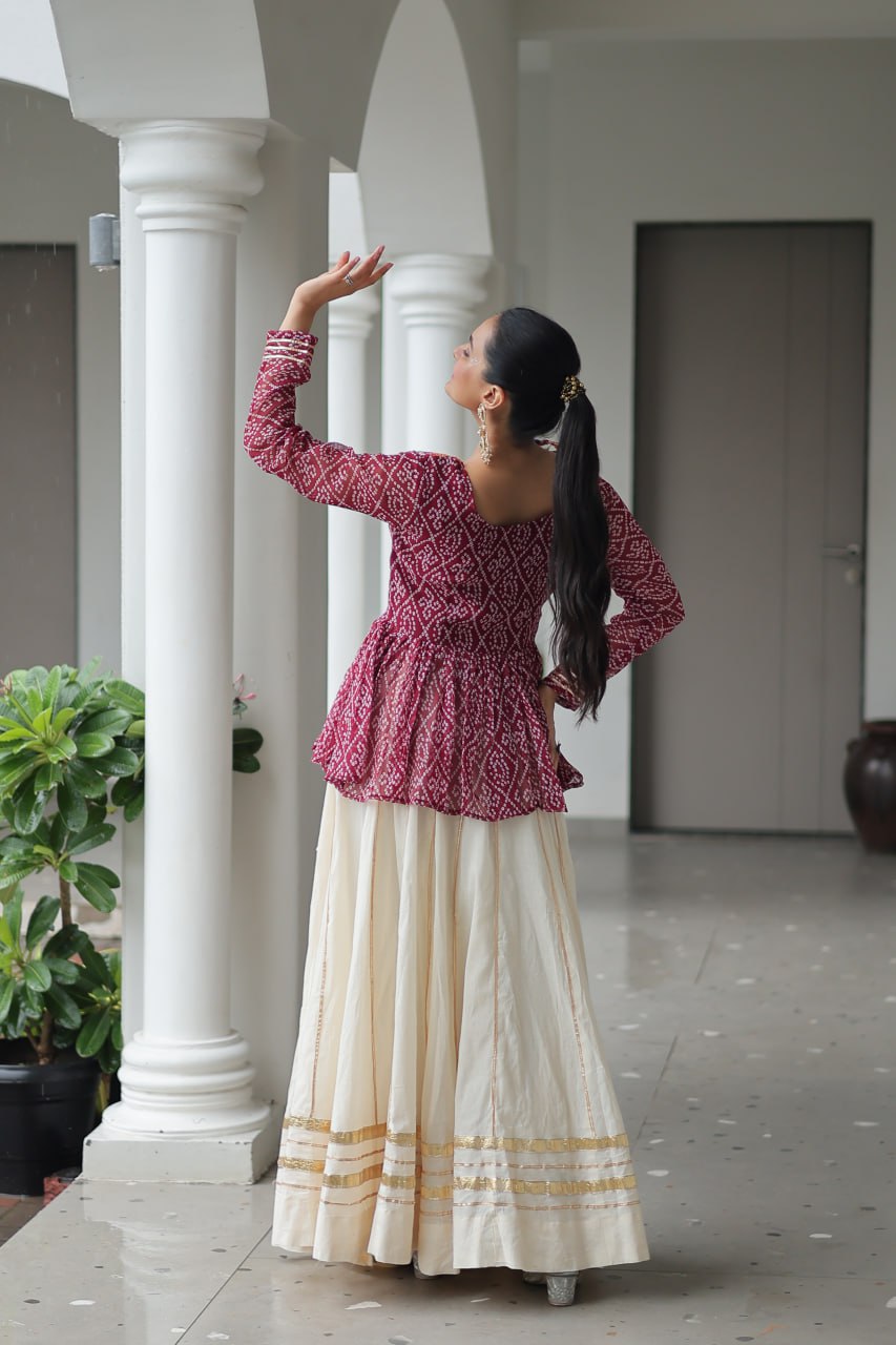 Maroon Navratri Special Cotton Lehenga Choli Set with Gota Patti Lace & Bandhani Gamthi Work – Full Stitched ClothsVilla