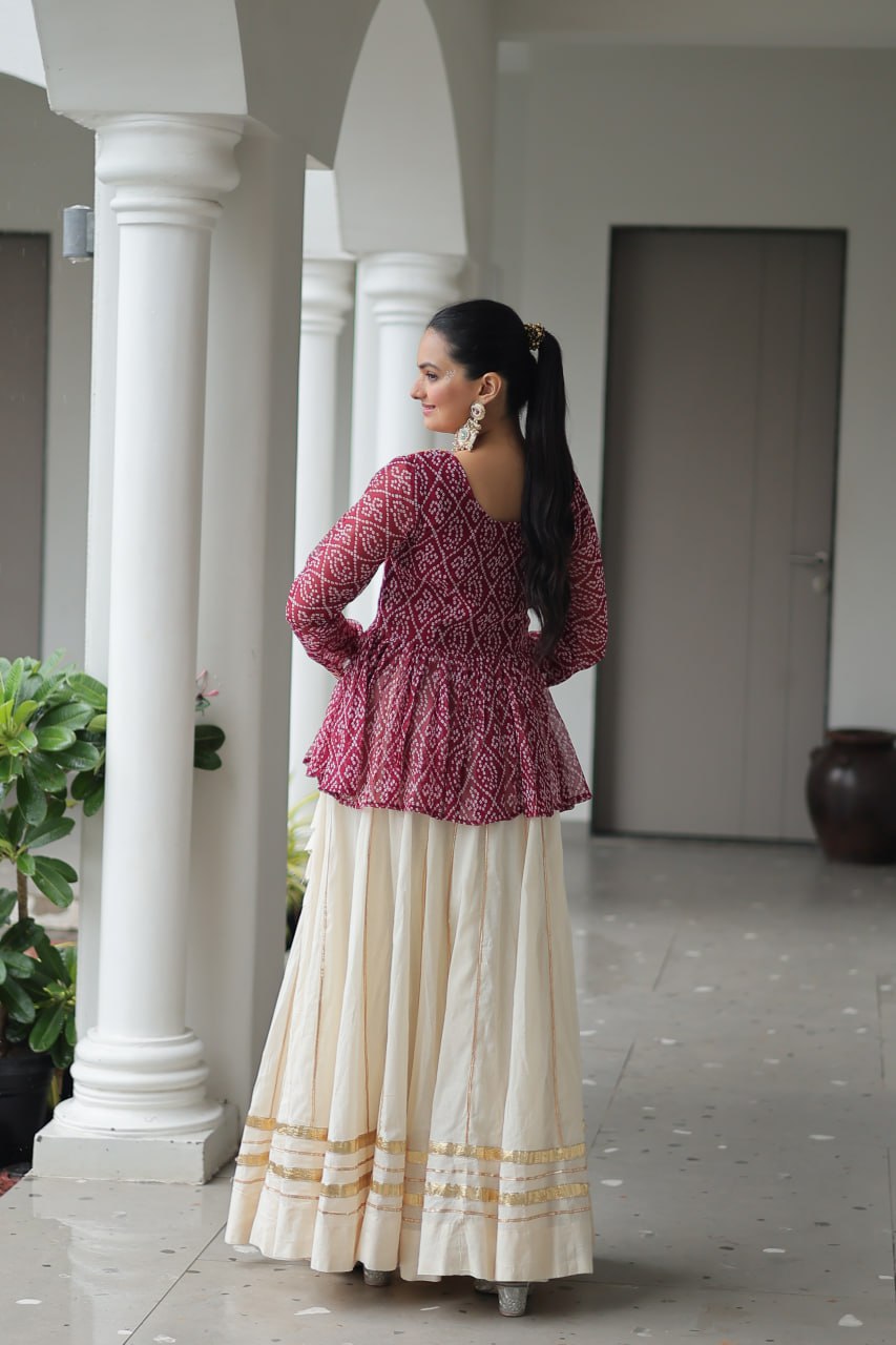Maroon Navratri Special Cotton Lehenga Choli Set with Gota Patti Lace & Bandhani Gamthi Work – Full Stitched ClothsVilla