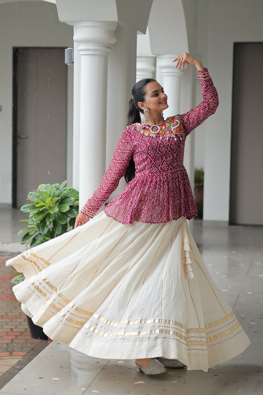 Maroon Navratri Special Cotton Lehenga Choli Set with Gota Patti Lace & Bandhani Gamthi Work – Full Stitched ClothsVilla