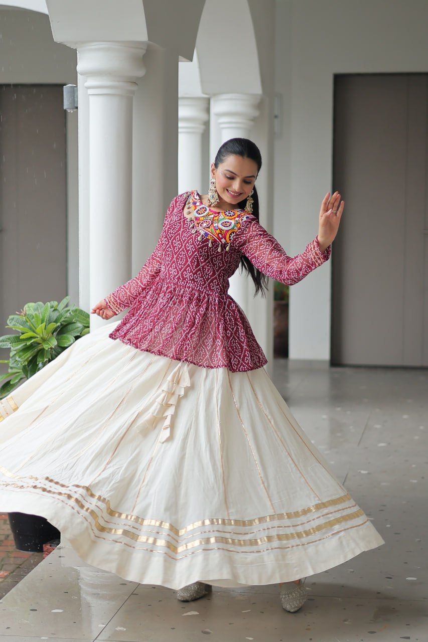 Maroon Navratri Special Cotton Lehenga Choli Set with Gota Patti Lace & Bandhani Gamthi Work – Full Stitched ClothsVilla