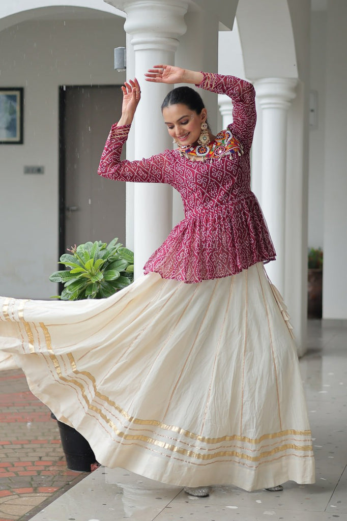 Maroon Navratri Special Cotton Lehenga Choli Set with Gota Patti Lace & Bandhani Gamthi Work – Full Stitched ClothsVilla