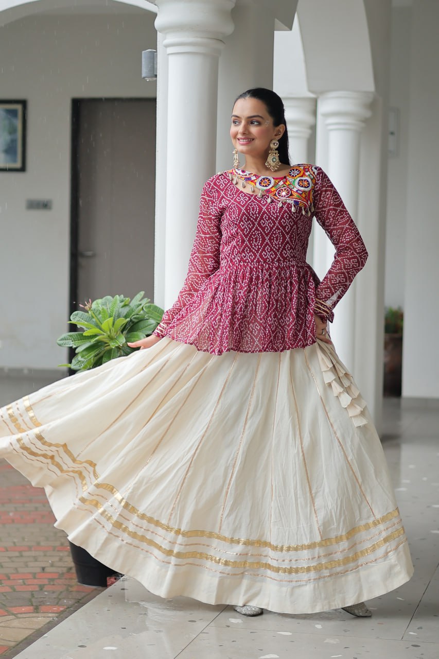 Maroon Navratri Special Cotton Lehenga Choli Set with Gota Patti Lace & Bandhani Gamthi Work – Full Stitched ClothsVilla
