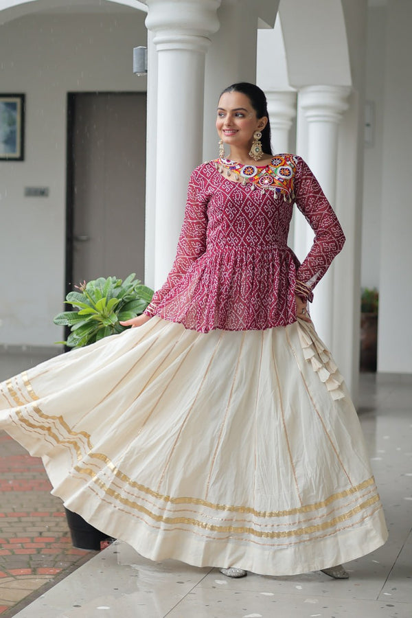 Maroon Navratri Special Cotton Lehenga Choli Set with Gota Patti Lace & Bandhani Gamthi Work – Full Stitched ClothsVilla