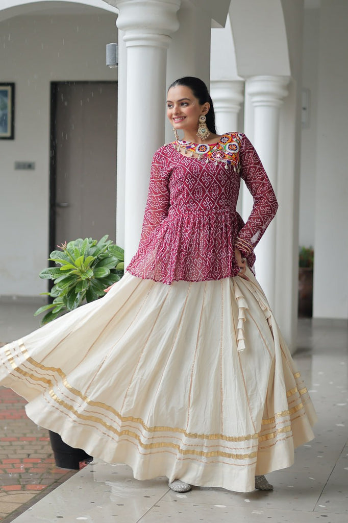 Maroon Navratri Special Cotton Lehenga Choli Set with Gota Patti Lace & Bandhani Gamthi Work – Full Stitched ClothsVilla