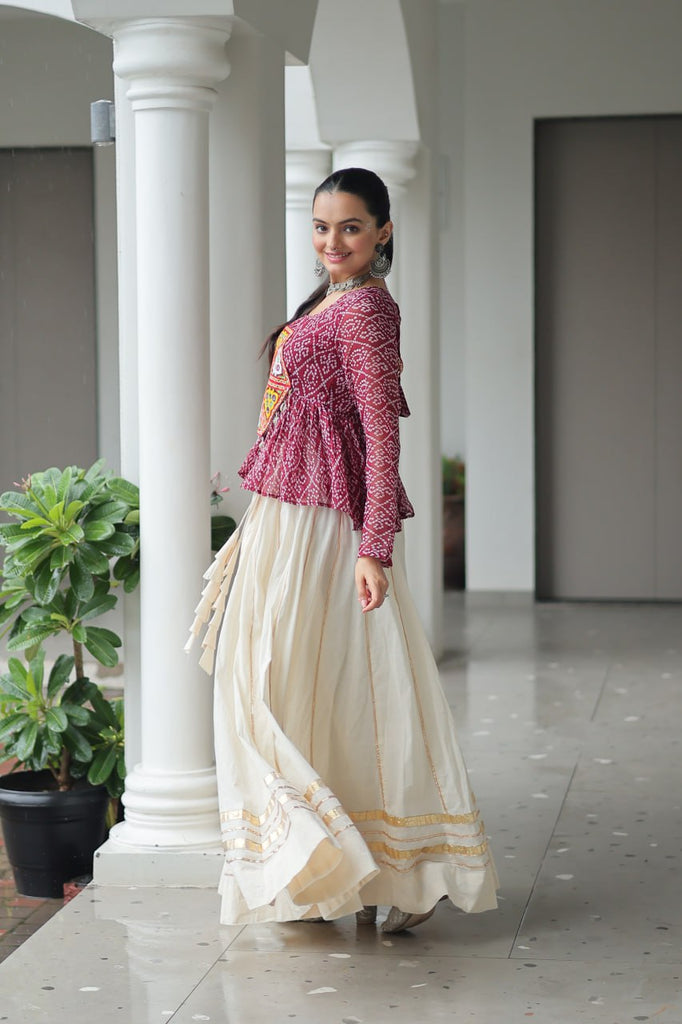 Maroon Navratri Special Cotton Lehenga Choli Set with Gota Patti Lace & Bandhani Gamthi Work – Full Stitched ClothsVilla