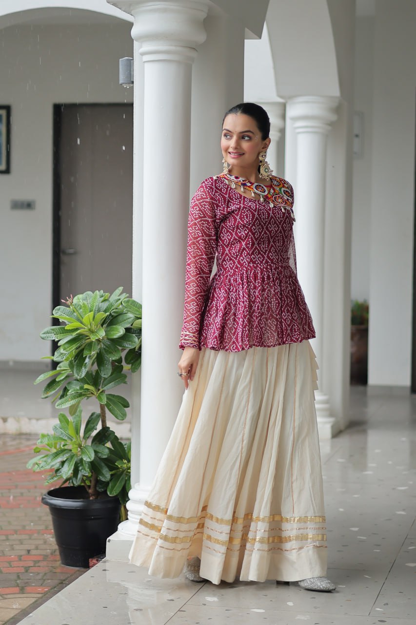 Maroon Navratri Special Cotton Lehenga Choli Set with Gota Patti Lace & Bandhani Gamthi Work – Full Stitched ClothsVilla
