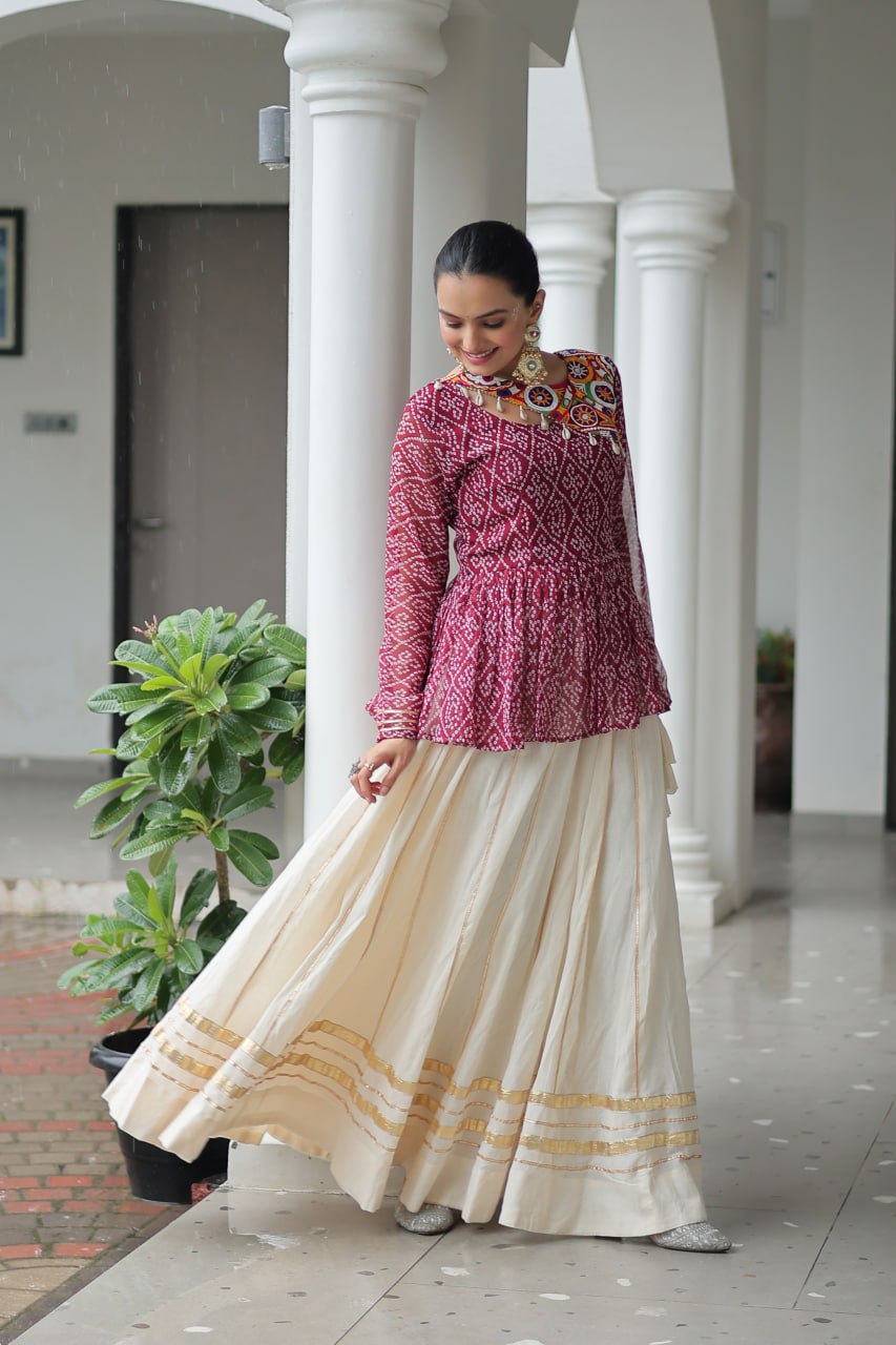Maroon Navratri Special Cotton Lehenga Choli Set with Gota Patti Lace & Bandhani Gamthi Work – Full Stitched ClothsVilla