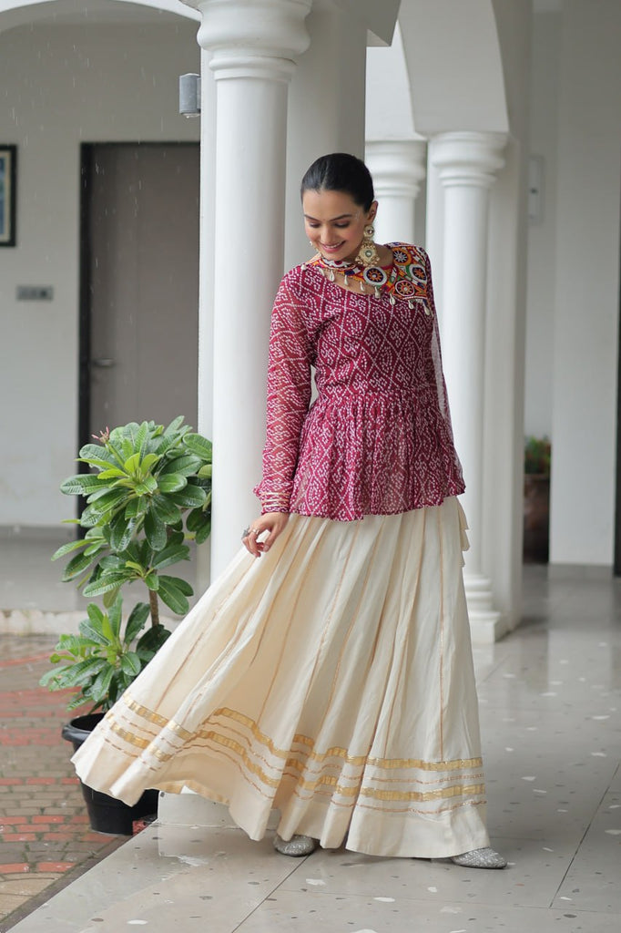 Maroon Navratri Special Cotton Lehenga Choli Set with Gota Patti Lace & Bandhani Gamthi Work – Full Stitched ClothsVilla