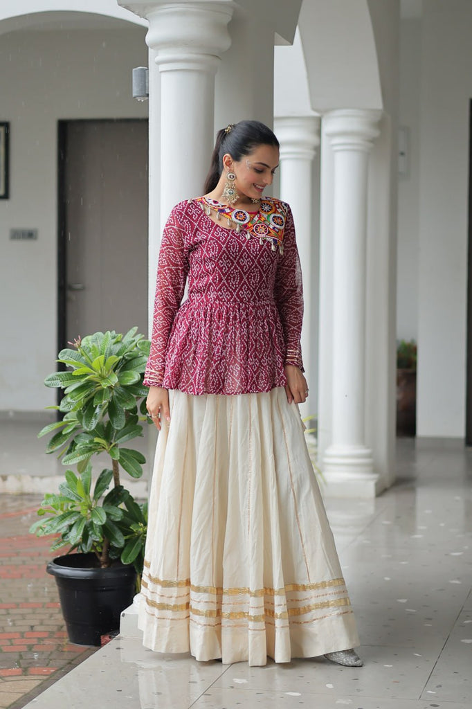 Maroon Navratri Special Cotton Lehenga Choli Set with Gota Patti Lace & Bandhani Gamthi Work – Full Stitched ClothsVilla